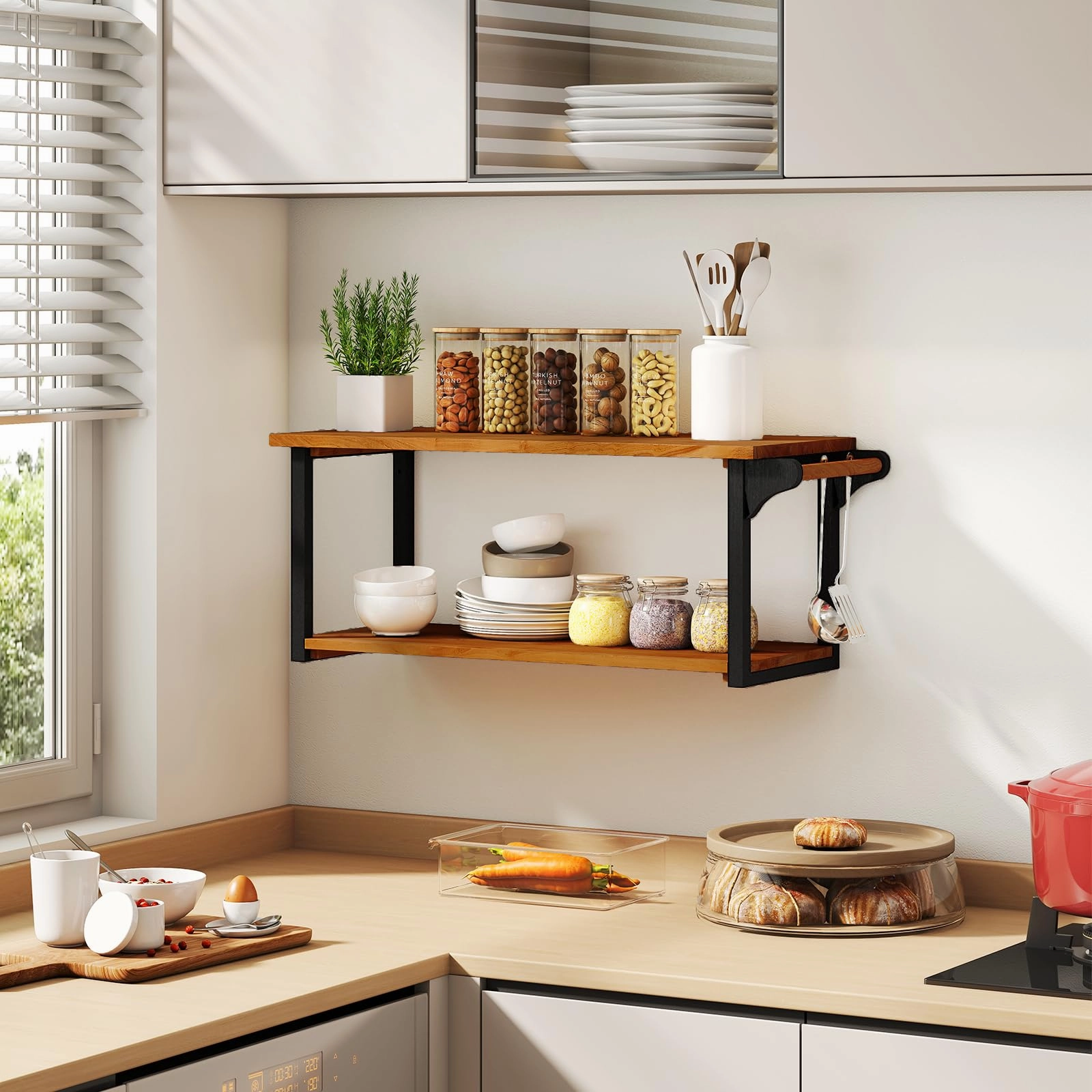 Giantex Teak Wood Bathroom Floating Wall Shelves