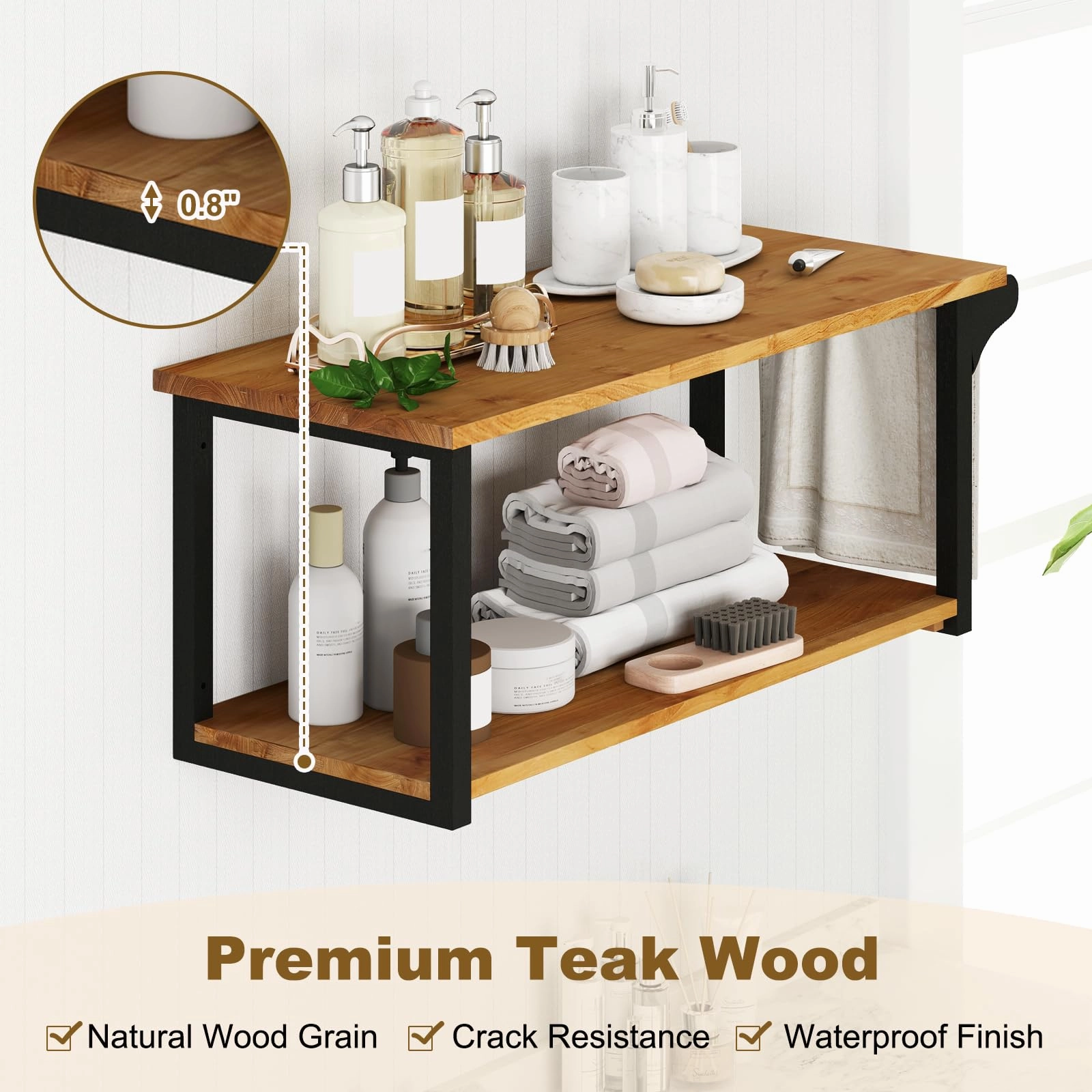 Giantex Teak Wood Bathroom Floating Wall Shelves