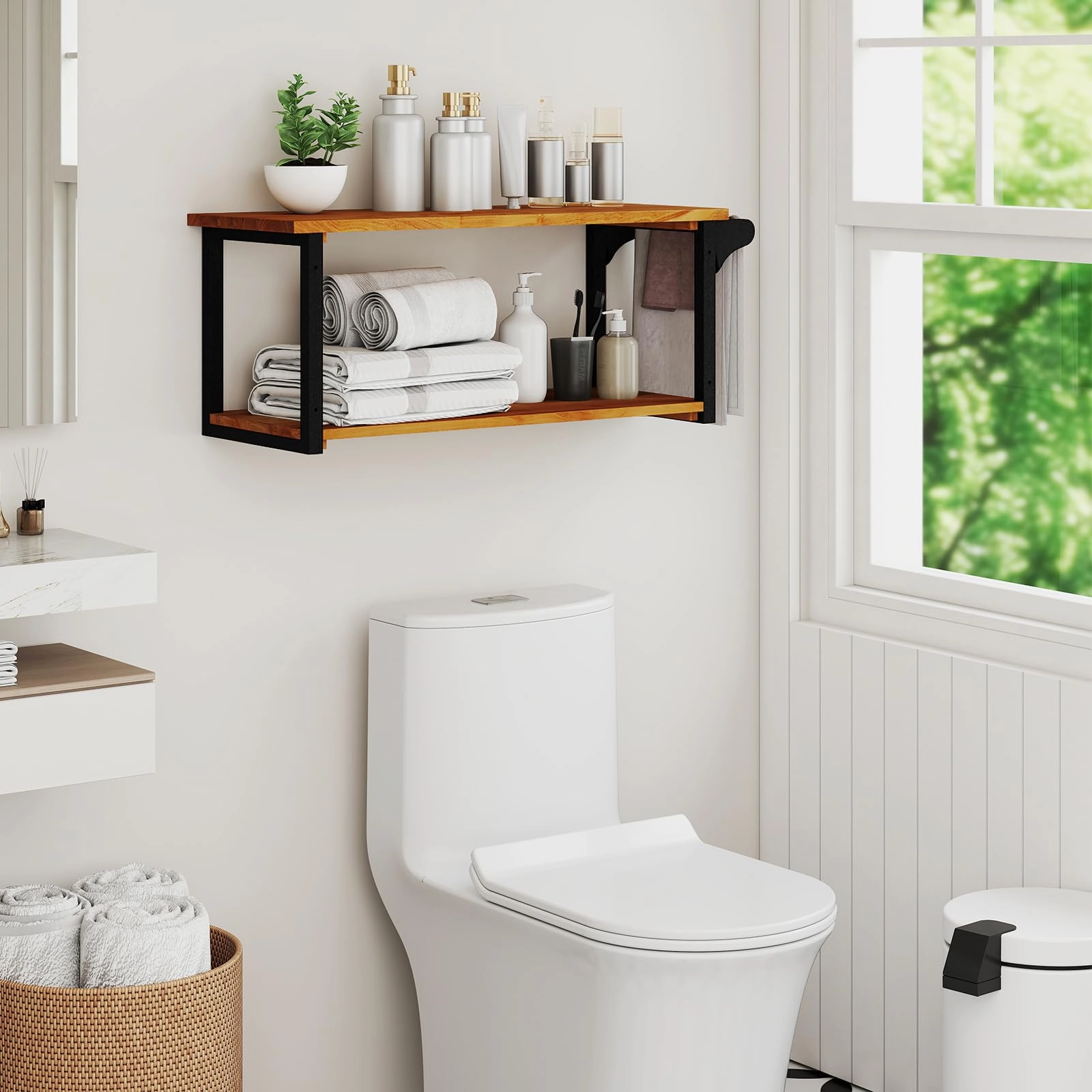 Giantex Teak Wood Bathroom Floating Wall Shelves