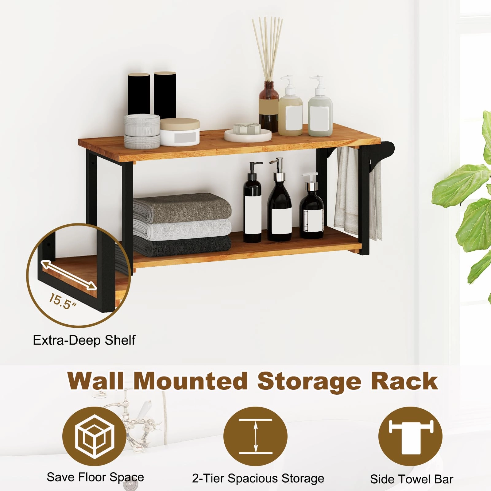 Giantex Teak Wood Bathroom Floating Wall Shelves