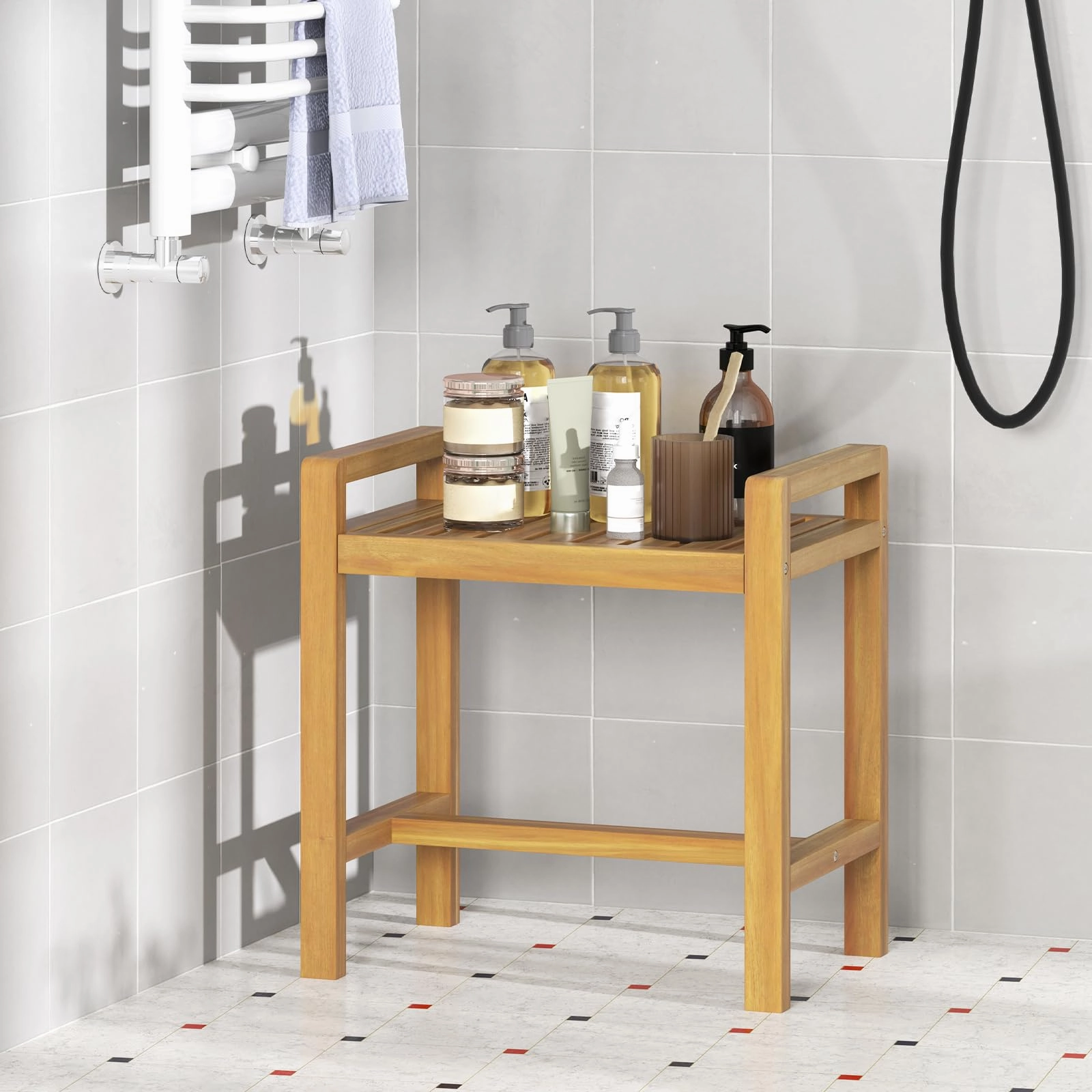 Giantex Teak Wood Shower Bench - 20" Waterproof Shower Stool with Handles and Slatted Seat for Inside Shower