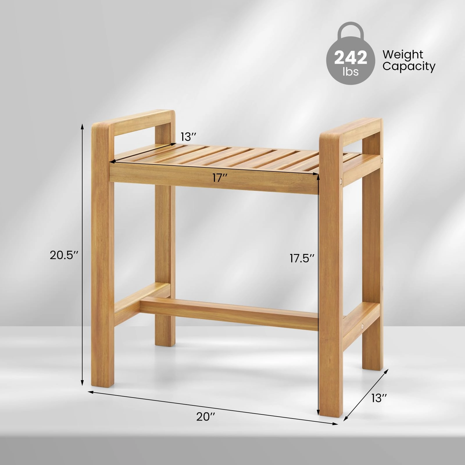 Giantex Teak Wood Shower Bench - 20" Waterproof Shower Stool with Handles and Slatted Seat for Inside Shower