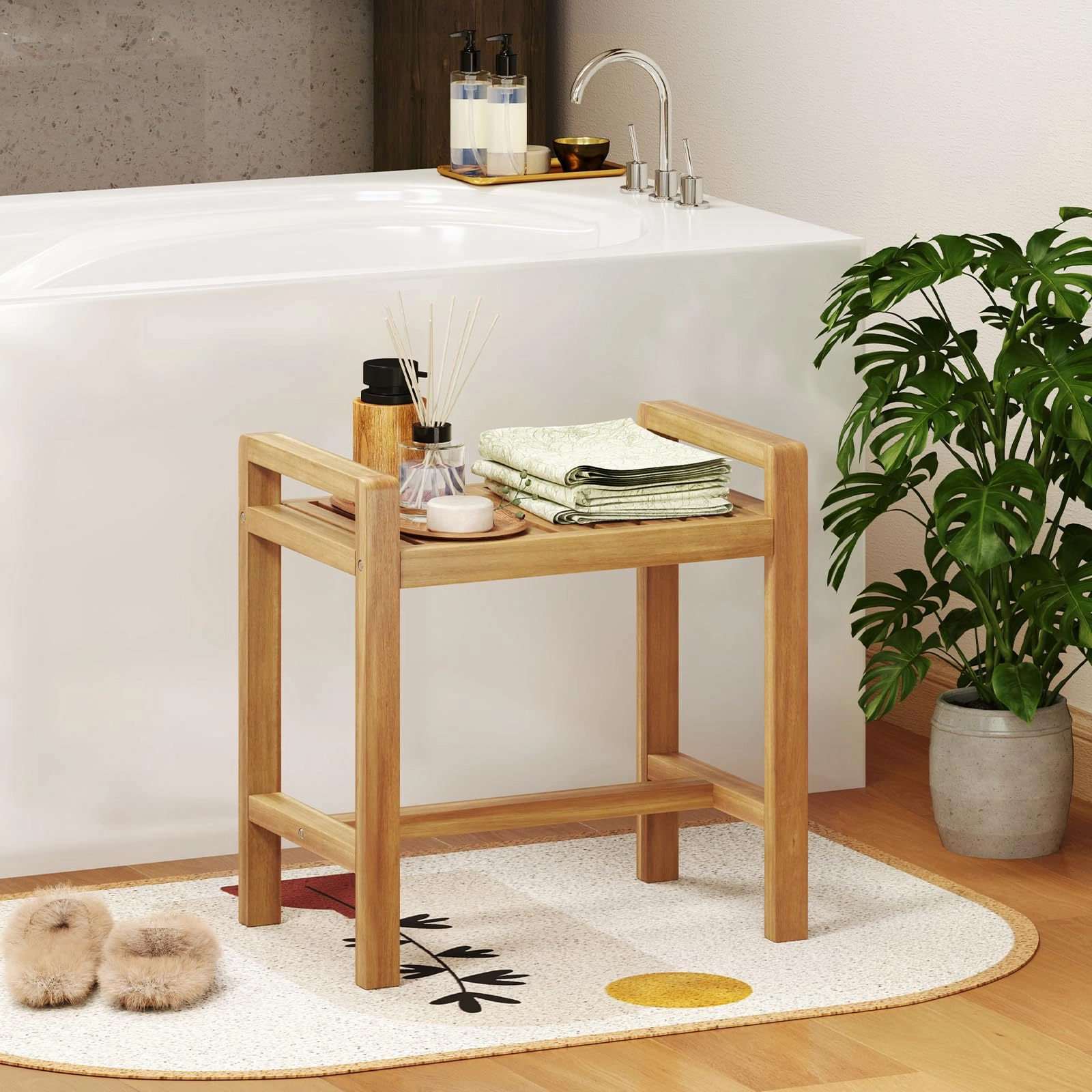 Giantex Teak Wood Shower Bench - 20" Waterproof Shower Stool with Handles and Slatted Seat for Inside Shower