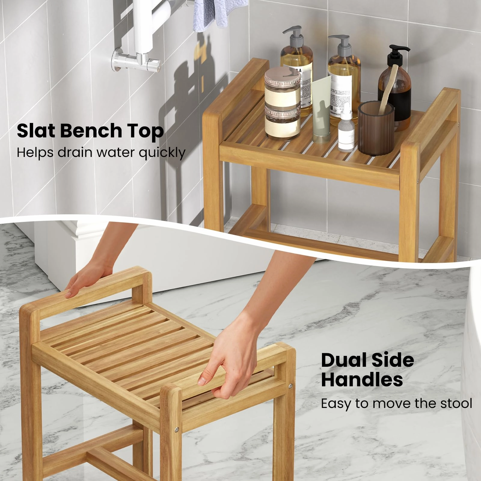 Giantex Teak Wood Shower Bench - 20" Waterproof Shower Stool with Handles and Slatted Seat for Inside Shower