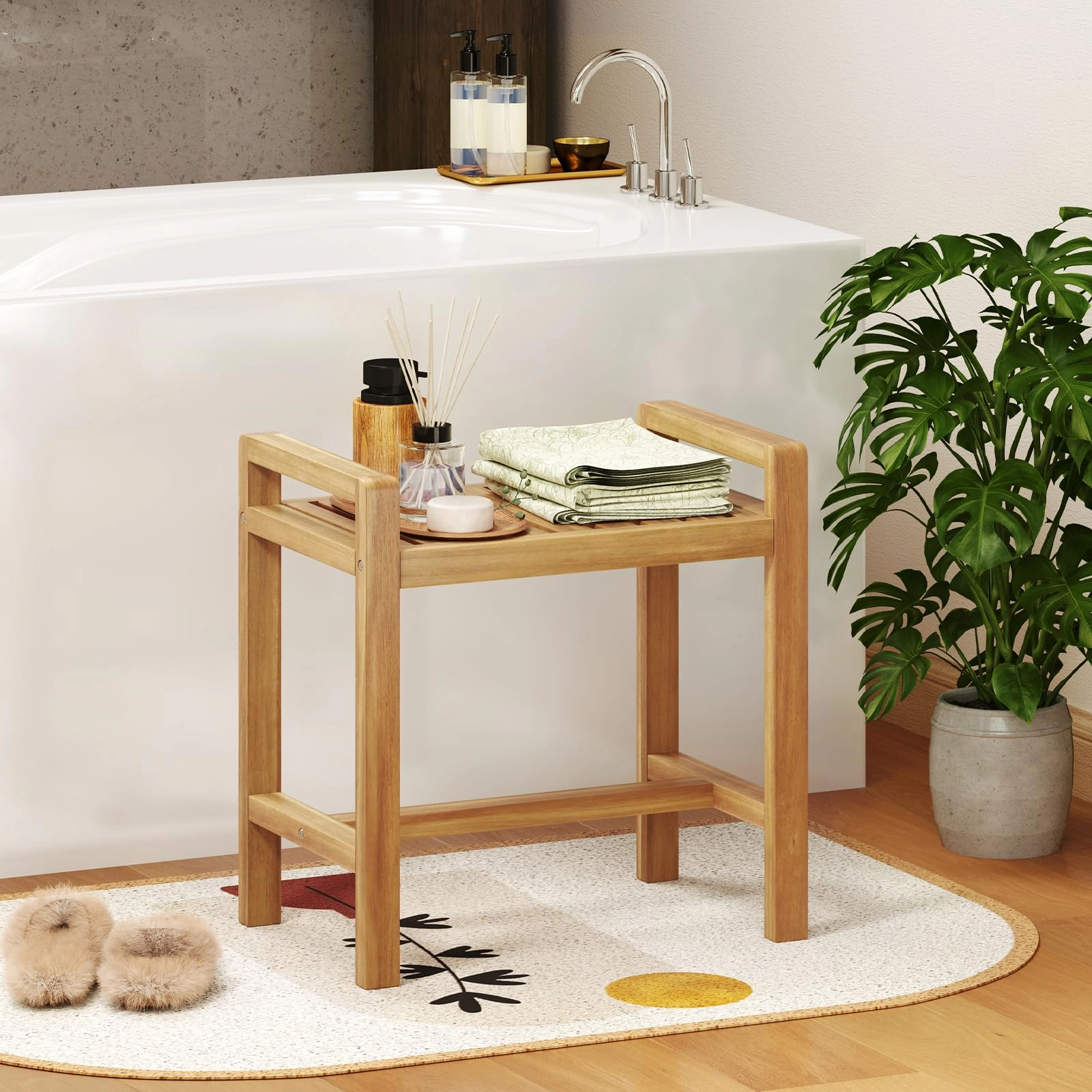 Giantex Teak Wood Shower Bench - 20" Waterproof Shower Stool with Handles and Slatted Seat for Inside Shower