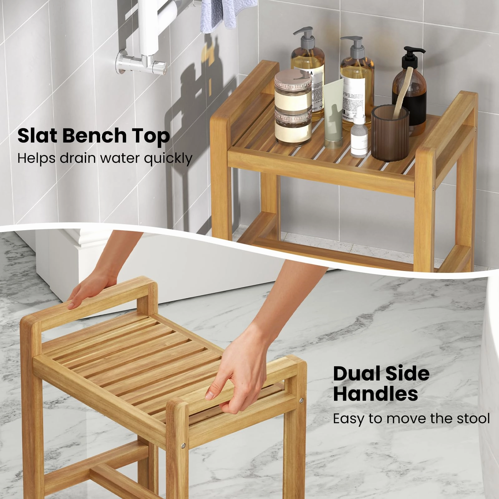 Giantex Teak Wood Shower Bench - 20" Waterproof Shower Stool with Handles and Slatted Seat for Inside Shower