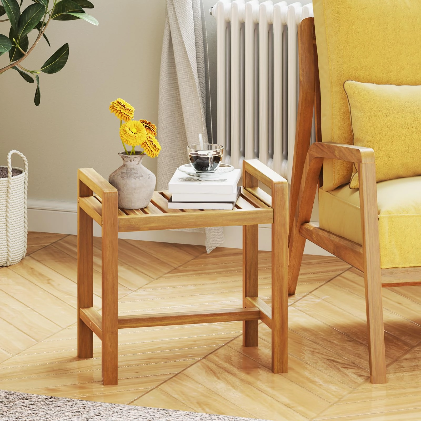 Giantex Teak Wood Shower Bench - 20" Waterproof Shower Stool with Handles and Slatted Seat for Inside Shower