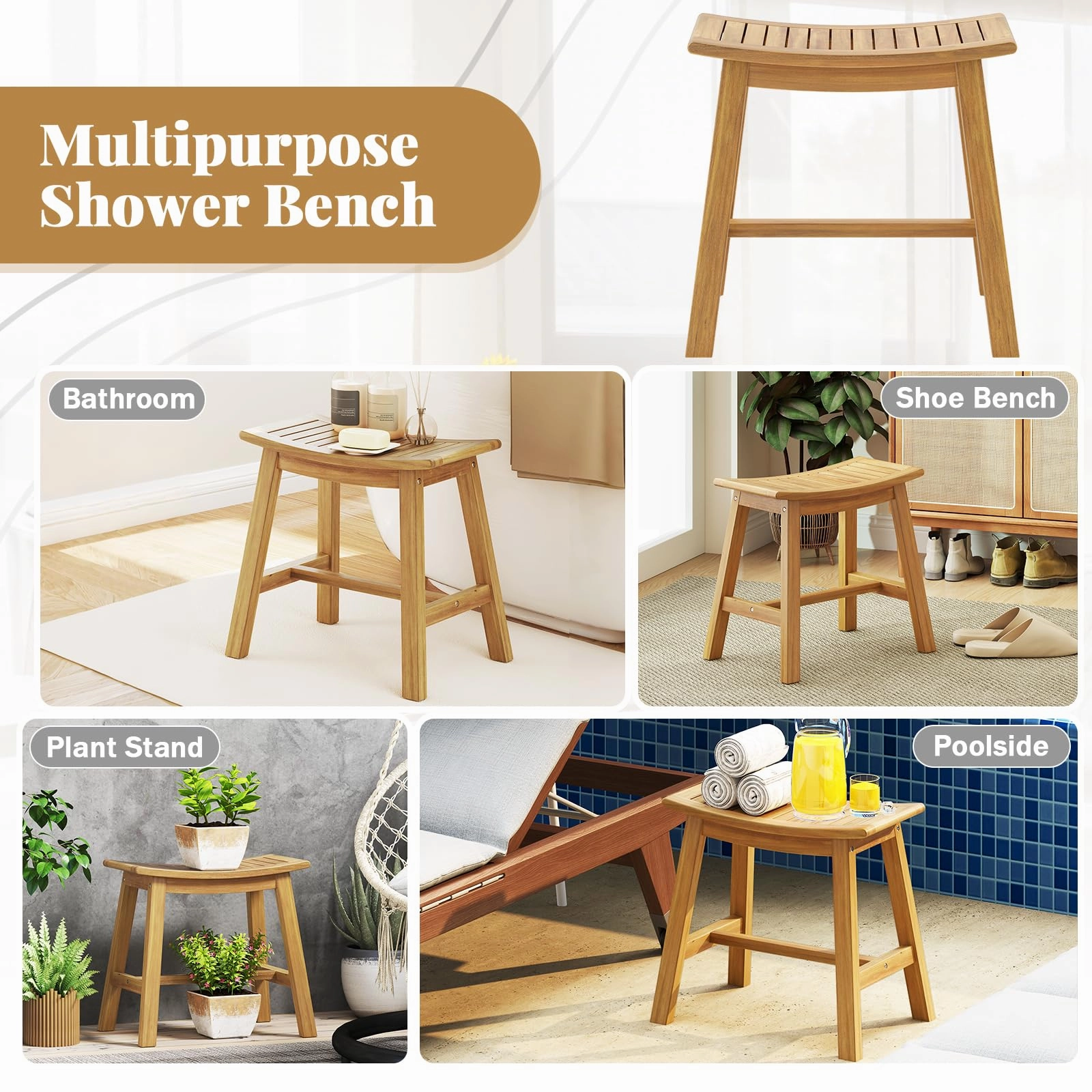 Giantex Teak Wood Shower Bench - Waterproof Shower Stool with Curved Seat for Inside Shower, 19.5" x 9.5" x 18"
