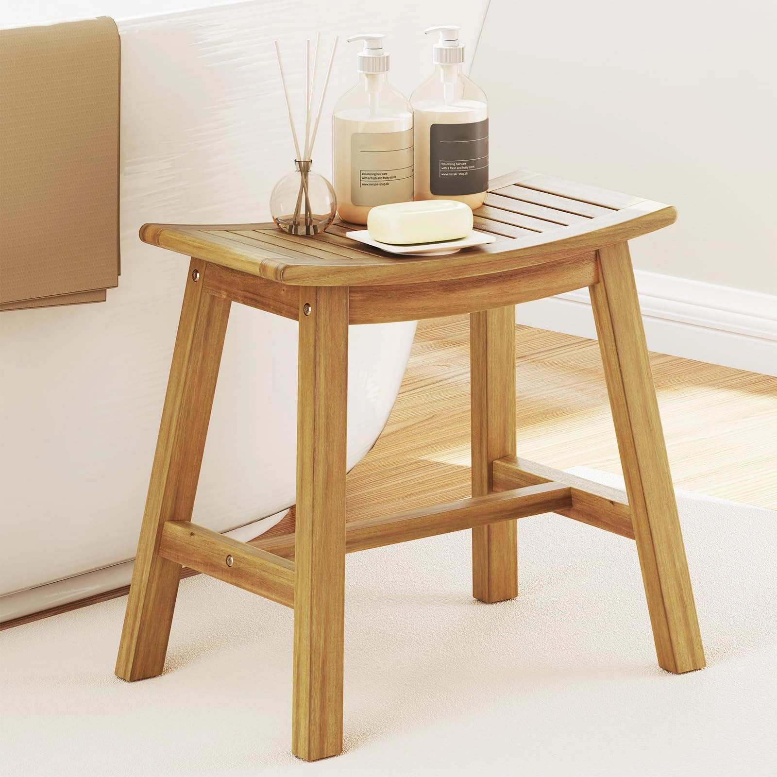 Giantex Teak Wood Shower Bench - Waterproof Shower Stool with Curved Seat for Inside Shower, 19.5" x 9.5" x 18" bathroom organizer, toilet brush holder
