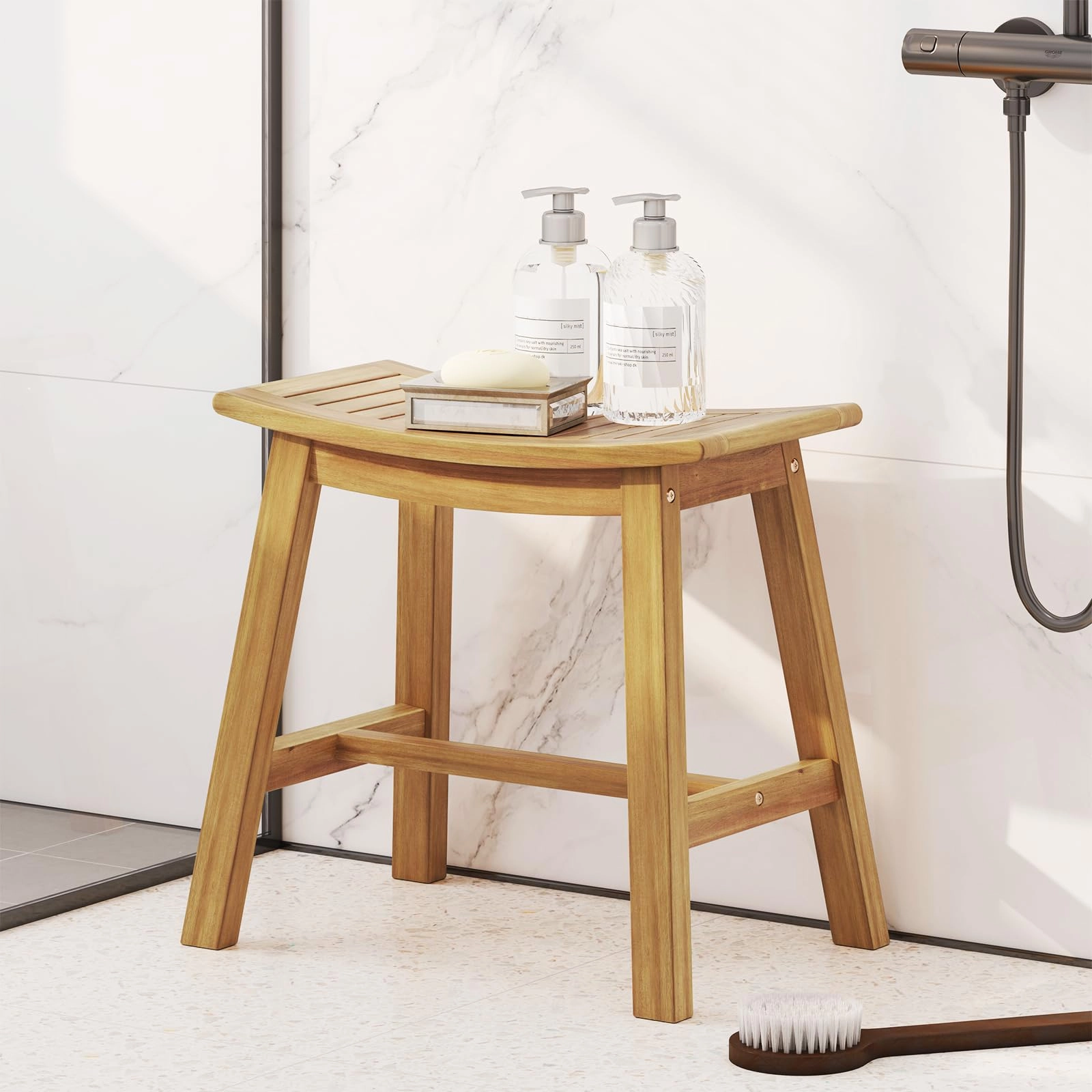 Giantex Teak Wood Shower Bench - Waterproof Shower Stool with Curved Seat for Inside Shower, 19.5" x 9.5" x 18"