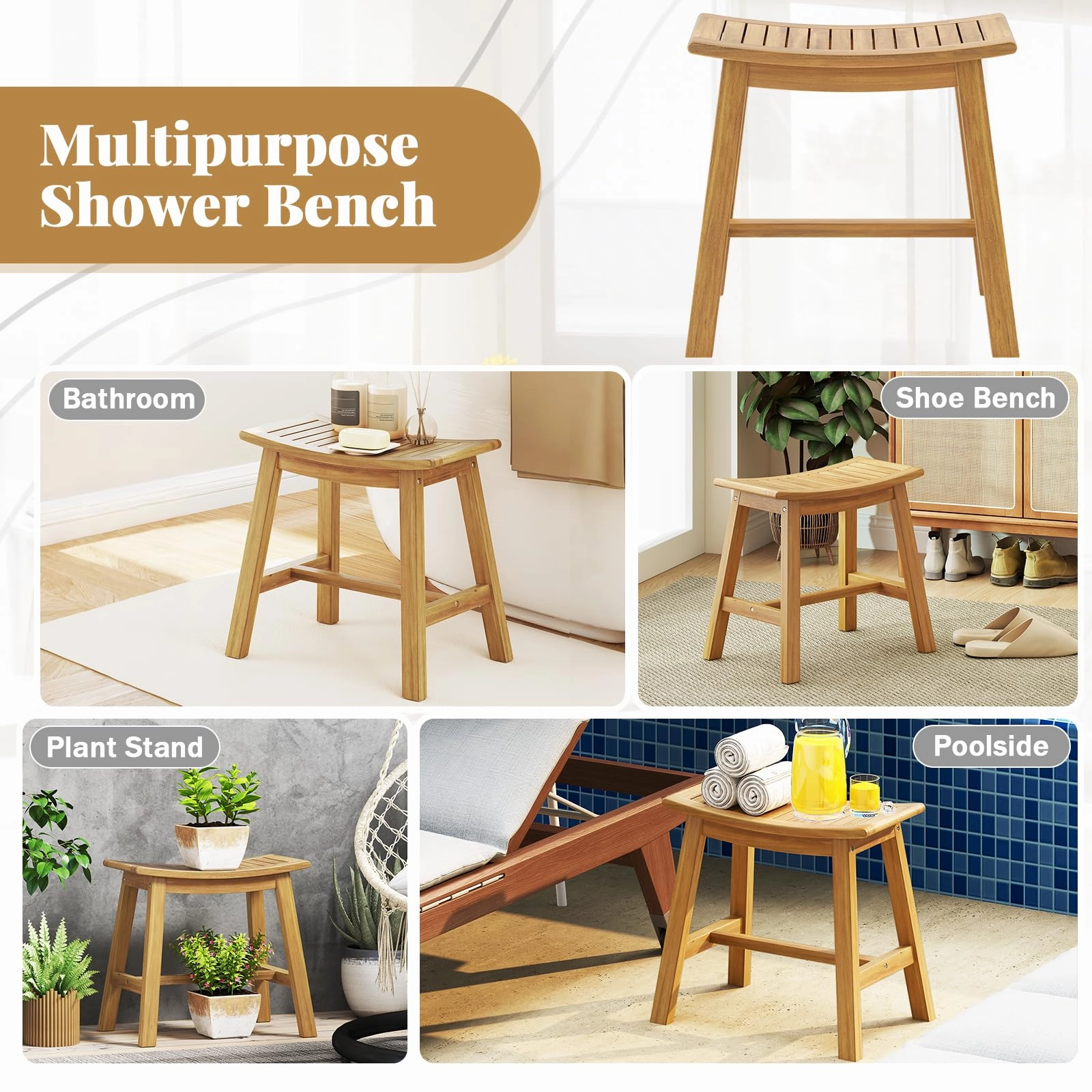 Giantex Teak Wood Shower Bench - Waterproof Shower Stool with Curved Seat for Inside Shower, 19.5" x 9.5" x 18"