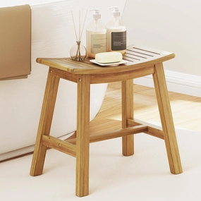 Giantex Teak Wood Shower Bench - Waterproof Shower Stool with Curved Seat for Inside Shower, 19.5" x 9.5" x 18" bathroom organizer, toilet brush holder