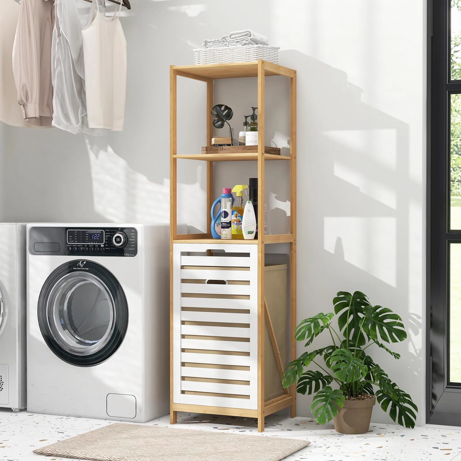 Giantex Tilt Out Laundry Hamper - Laundry Hamper Cabinet with 3 Tier Storage Shelves, Removable Laundry Basket