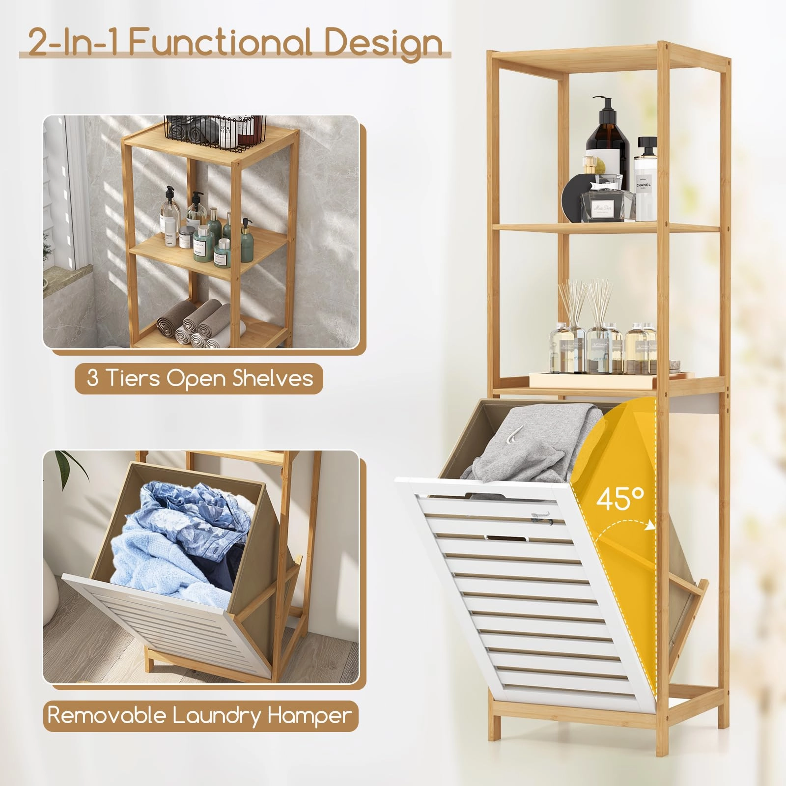 Giantex Tilt Out Laundry Hamper - Laundry Hamper Cabinet with 3 Tier Storage Shelves, Removable Laundry Basket