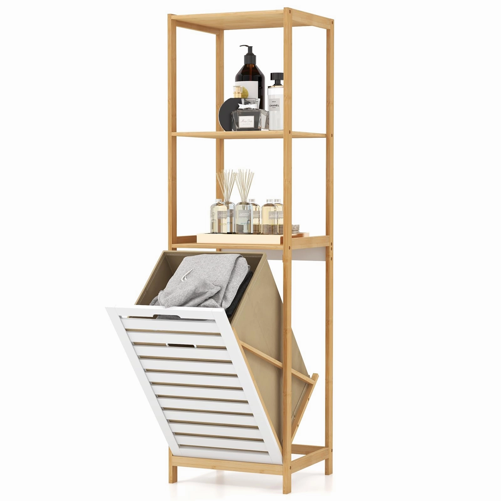 Giantex Tilt Out Laundry Hamper - Laundry Hamper Cabinet with 3 Tier Storage Shelves, Removable Laundry Basket bathroom organizer, toilet brush holder