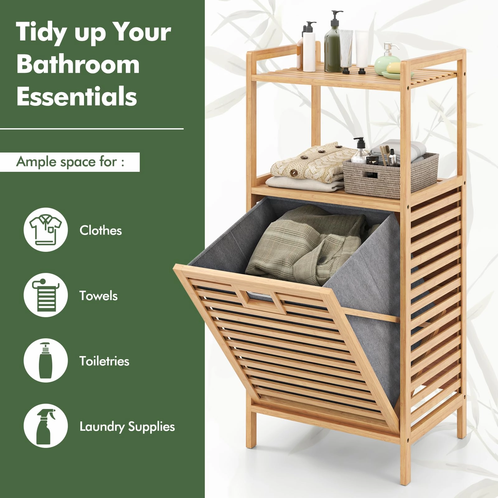 Giantex Tilt Out Laundry Hamper Bamboo Laundry Storage Cabinet with 2-Tier Storage Shelves