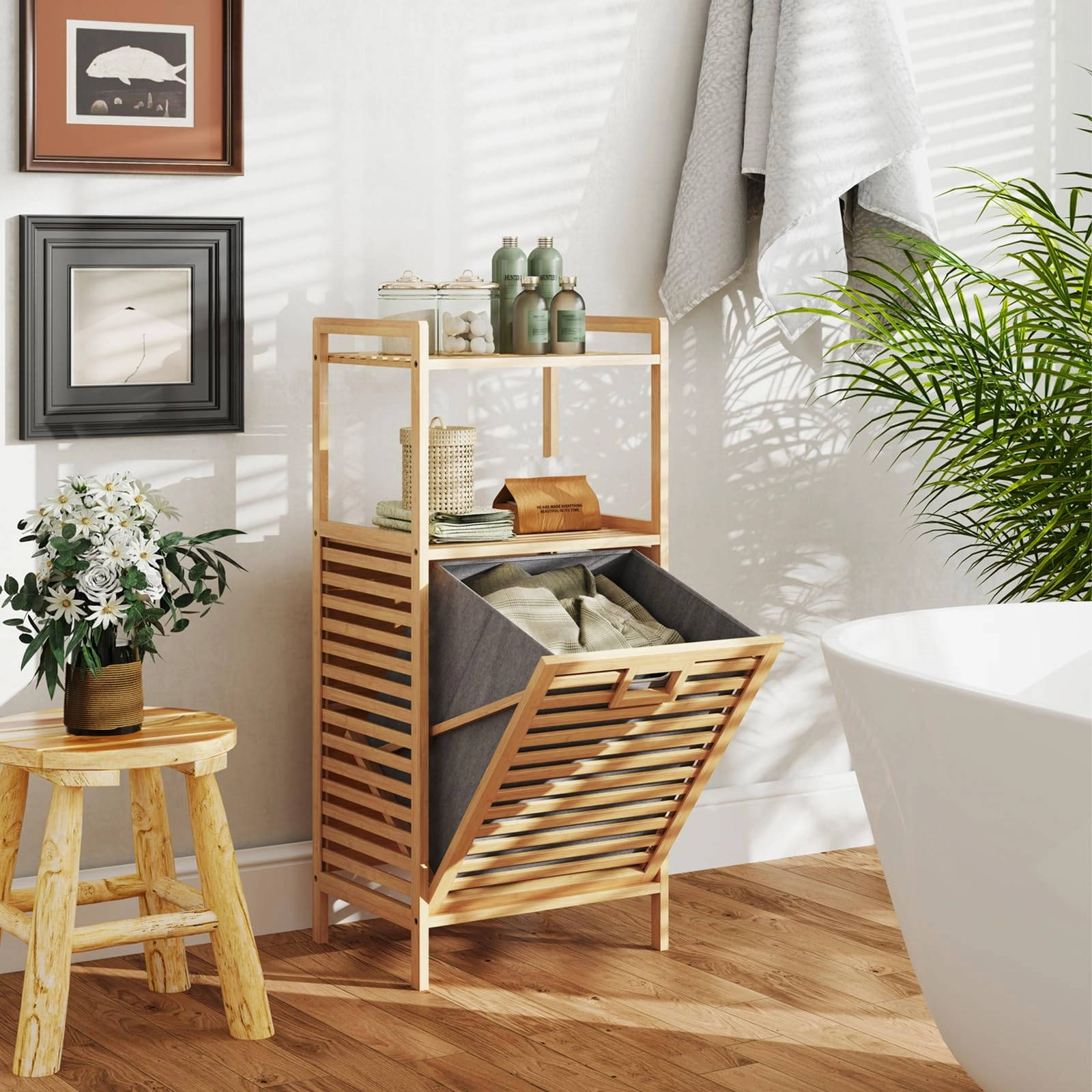 Giantex Tilt Out Laundry Hamper Bamboo Laundry Storage Cabinet with 2-Tier Storage Shelves