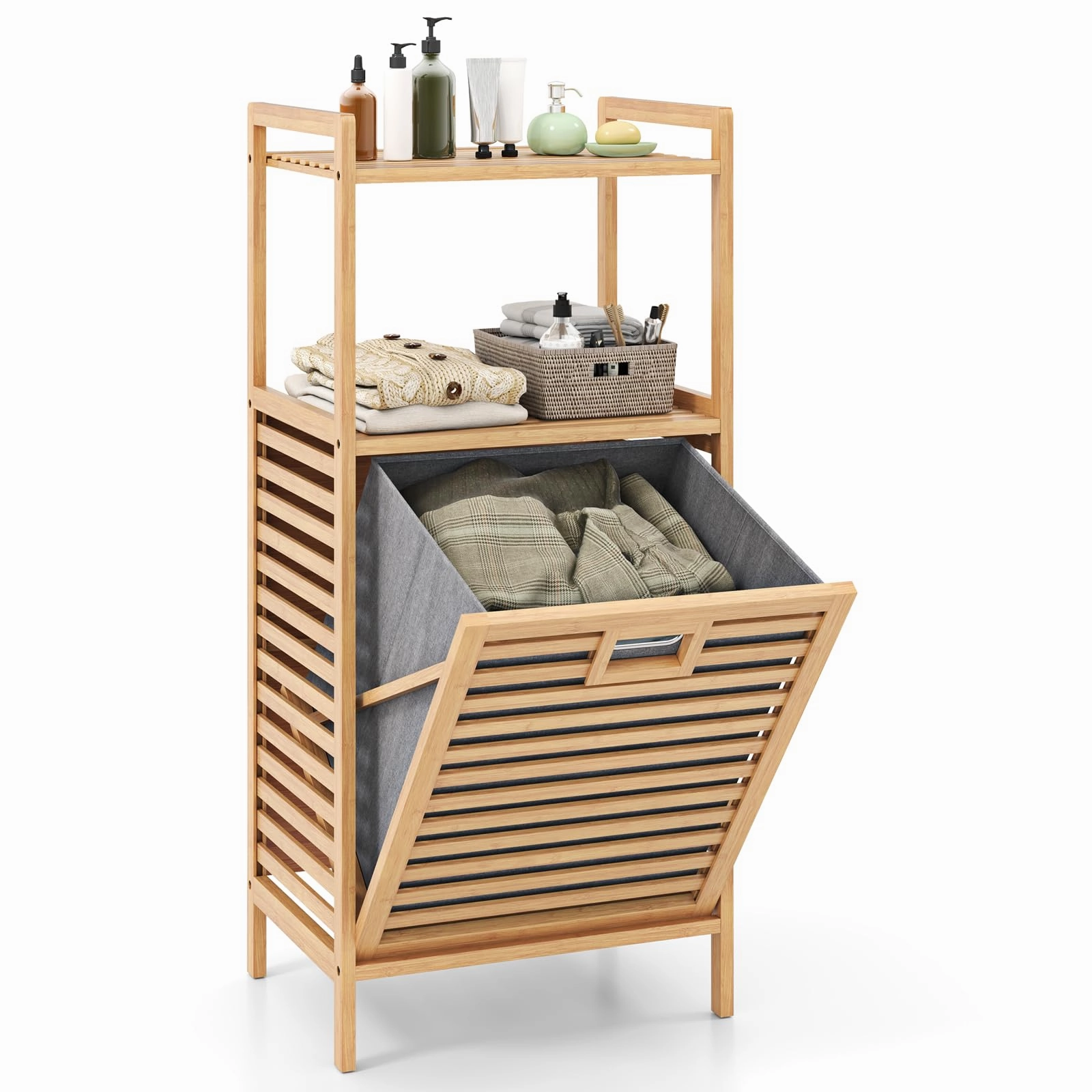 Giantex Tilt Out Laundry Hamper Bamboo Laundry Storage Cabinet with 2-Tier Storage Shelves bathroom organizer, toilet brush holder