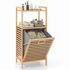 Giantex Tilt Out Laundry Hamper Bamboo Laundry Storage Cabinet with 2-Tier Storage Shelves bathroom organizer, toilet brush holder