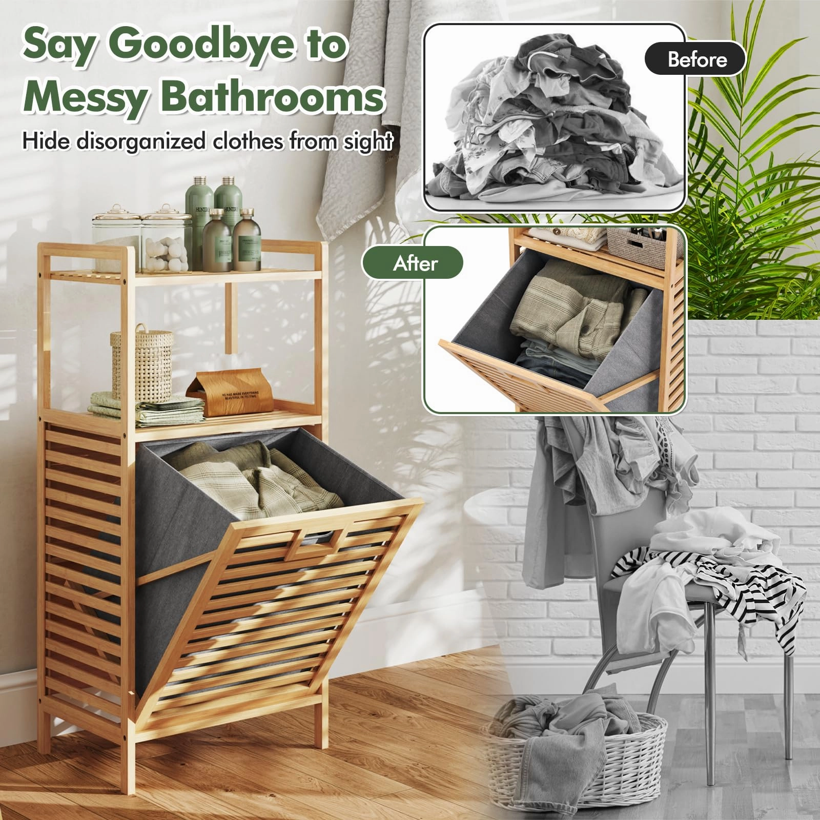 Giantex Tilt Out Laundry Hamper Bamboo Laundry Storage Cabinet with 2-Tier Storage Shelves