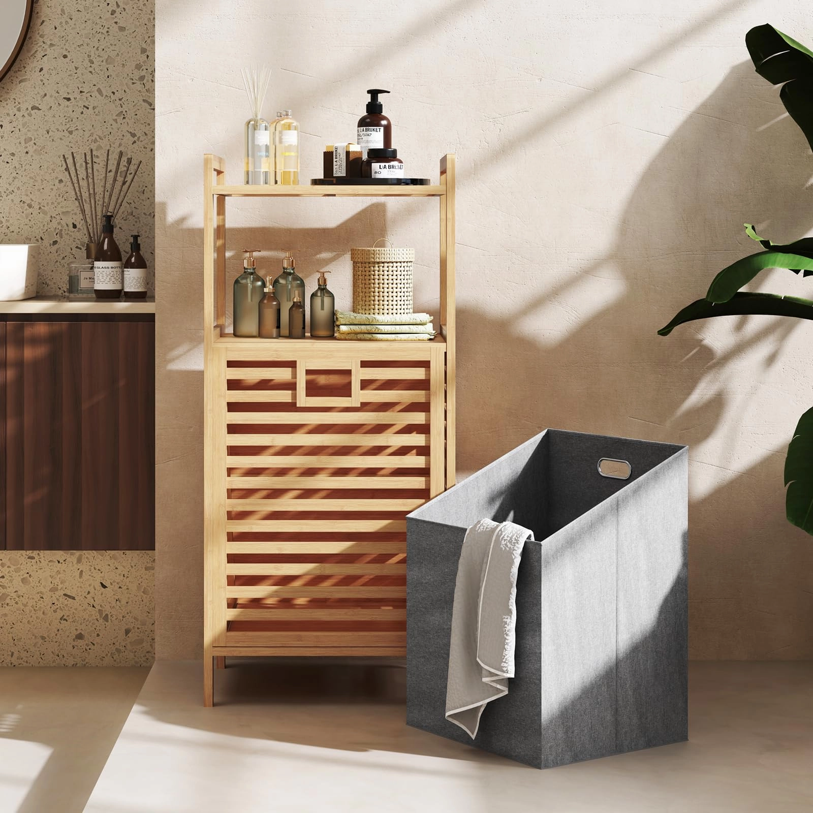 Giantex Tilt Out Laundry Hamper Bamboo Laundry Storage Cabinet with 2-Tier Storage Shelves