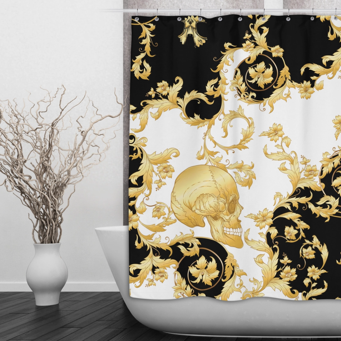 Gilded Gold Skull Shower Curtains and Optional Bath Mats Lighting,Lamps Fixtures