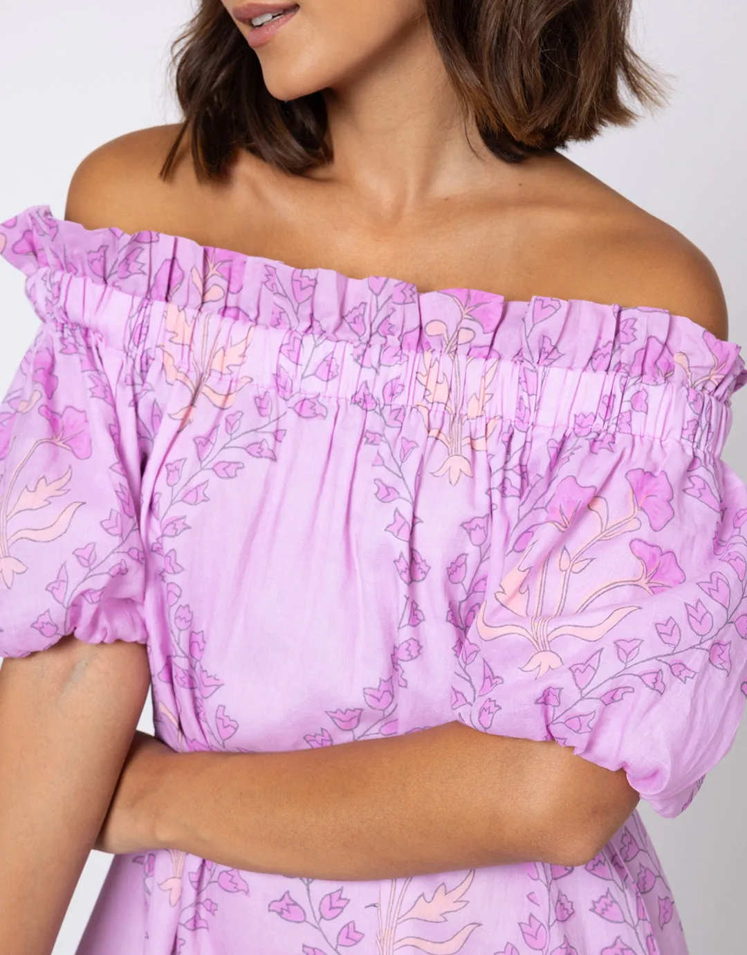 Ginko Print Off Shoulder Mini Dress with Ric-Rac - Violet and Peach