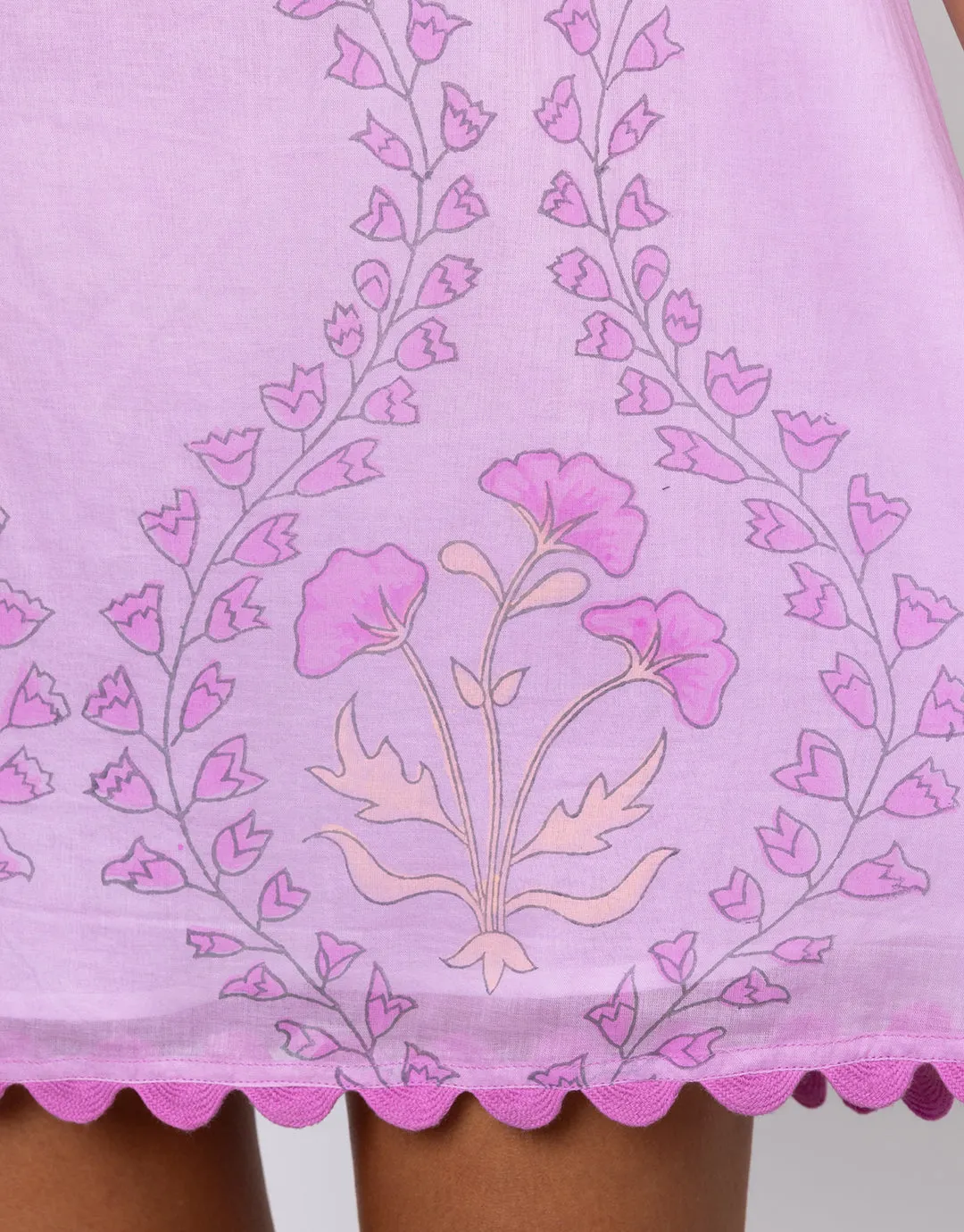 Ginko Print Off Shoulder Mini Dress with Ric-Rac - Violet and Peach