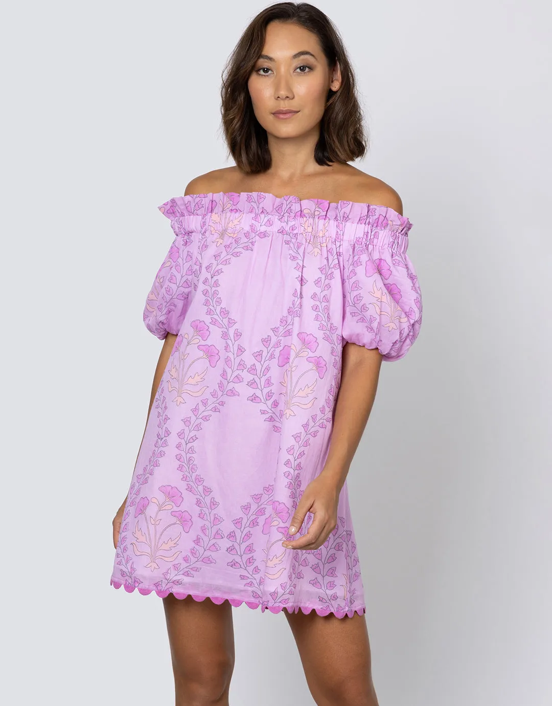 Ginko Print Off Shoulder Mini Dress with Ric-Rac - Violet and Peach