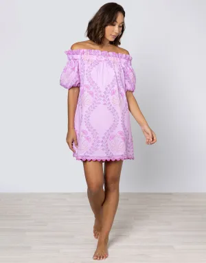 Ginko Print Off Shoulder Mini Dress with Ric-Rac - Violet and Peach