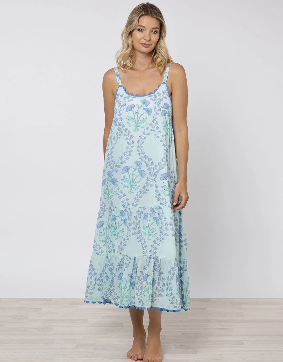 Ginko Print Swing Dress with Ric-Rac - Aqua and Blue