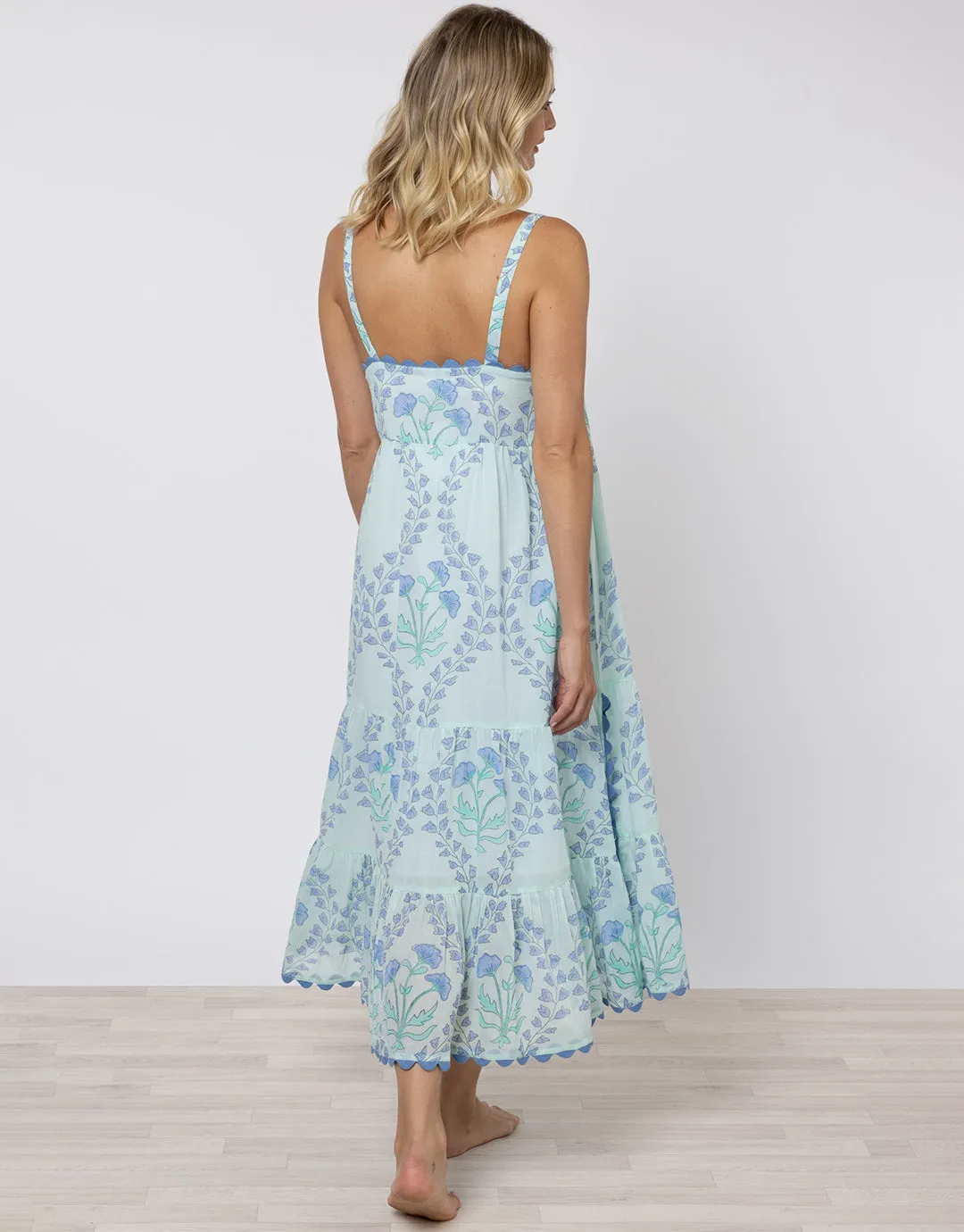 Ginko Print Swing Dress with Ric-Rac - Aqua and Blue
