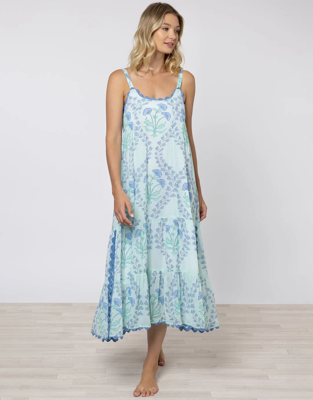Ginko Print Swing Dress with Ric-Rac - Aqua and Blue