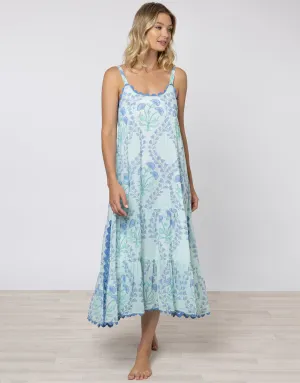 Ginko Print Swing Dress with Ric-Rac - Aqua and Blue