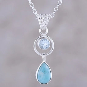 Gleaming Daylight Larimar and Blue Topaz Pendant Necklace from India