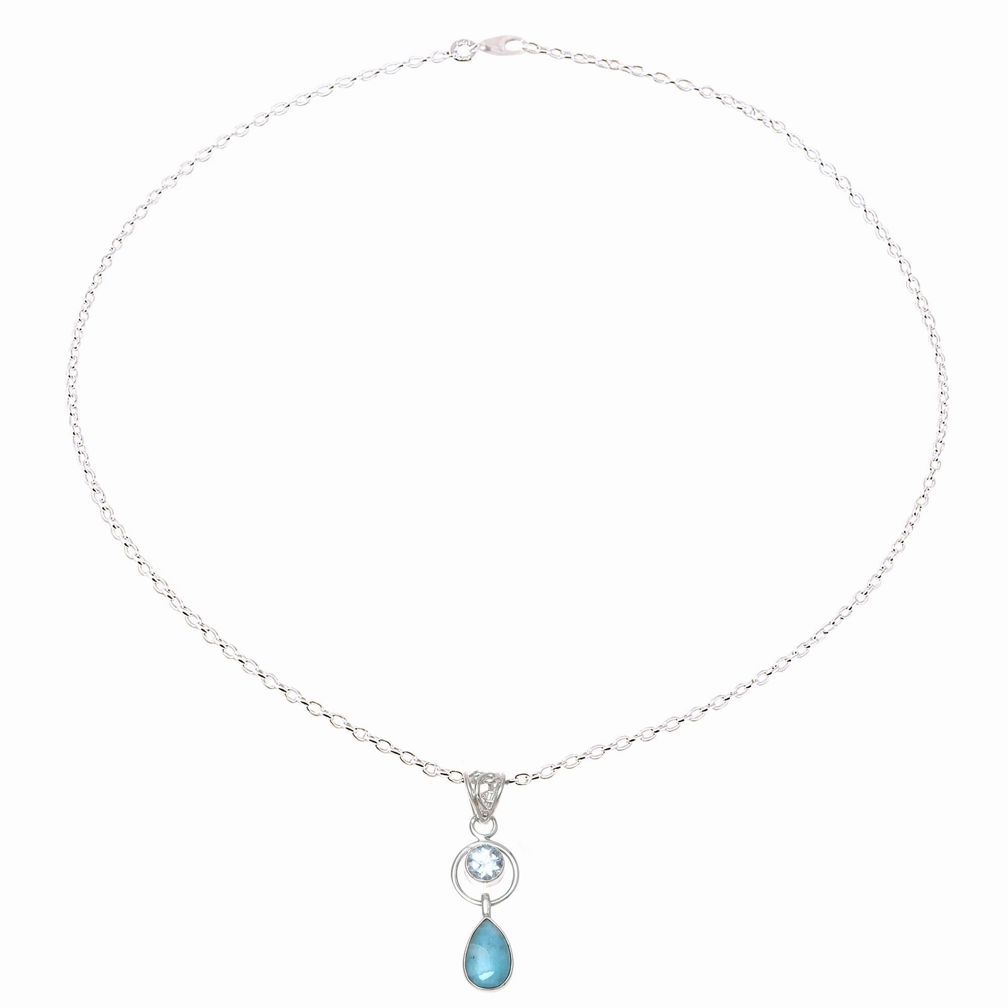 Gleaming Daylight Larimar and Blue Topaz Pendant Necklace from India