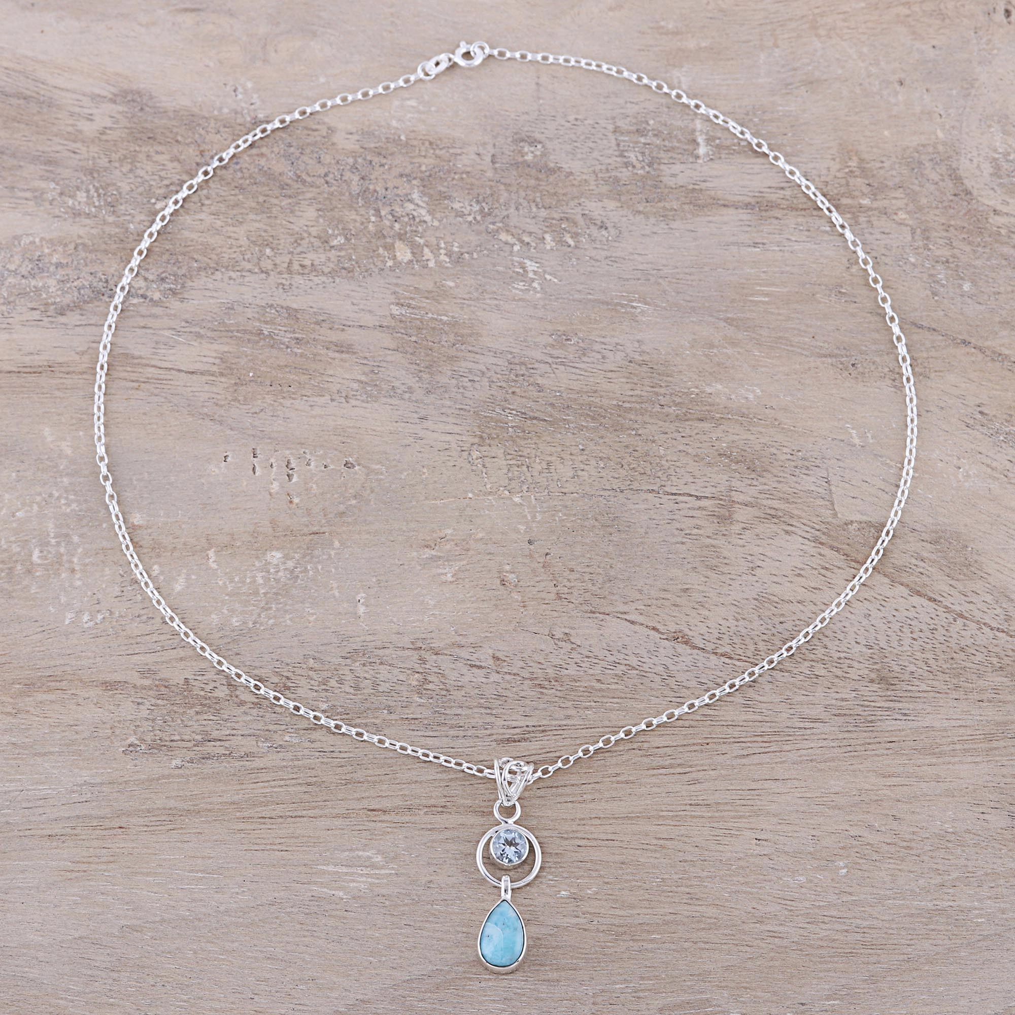 Gleaming Daylight Larimar and Blue Topaz Pendant Necklace from India