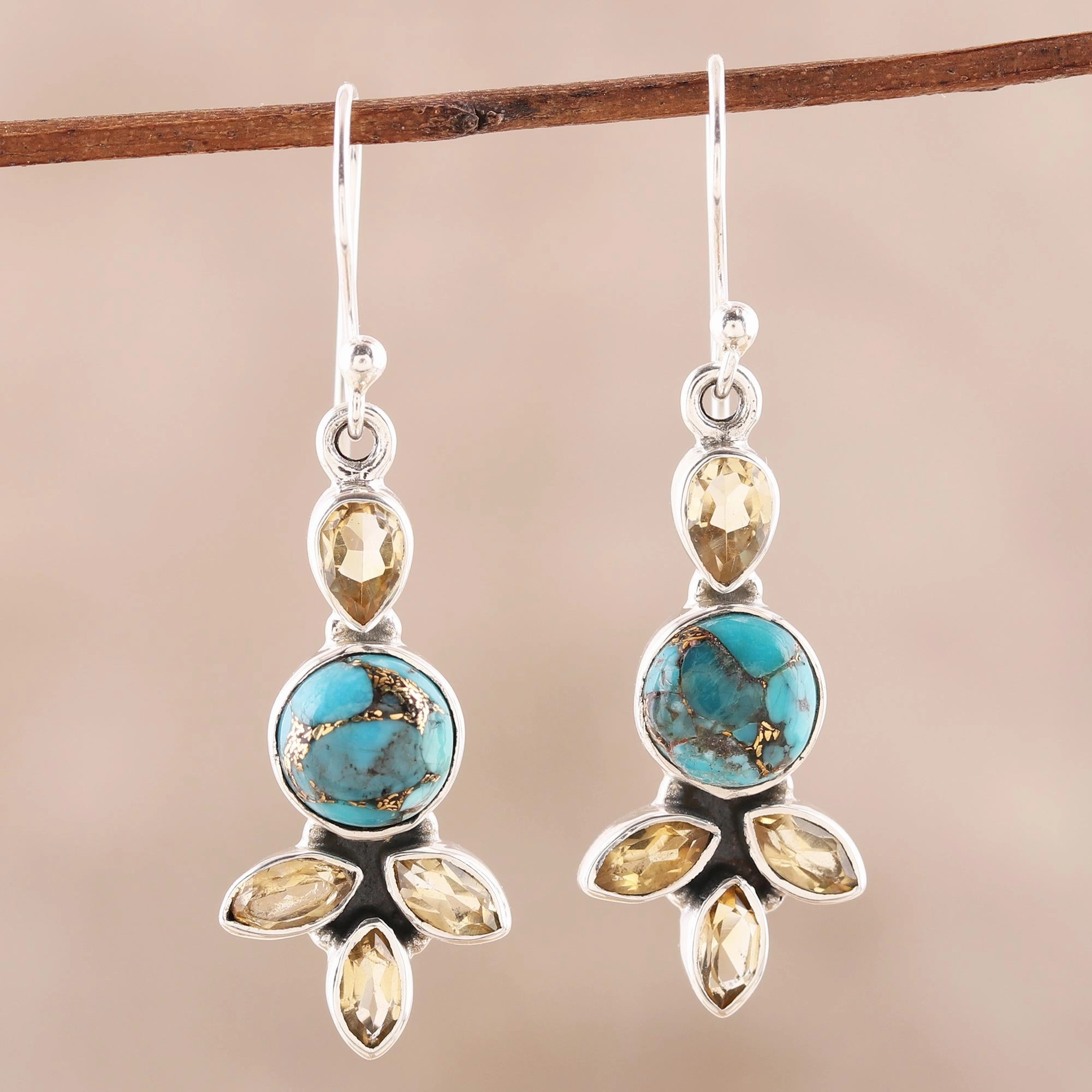 Glimmering Glory Citrine and Composite Turquoise Dangle Earrings from India