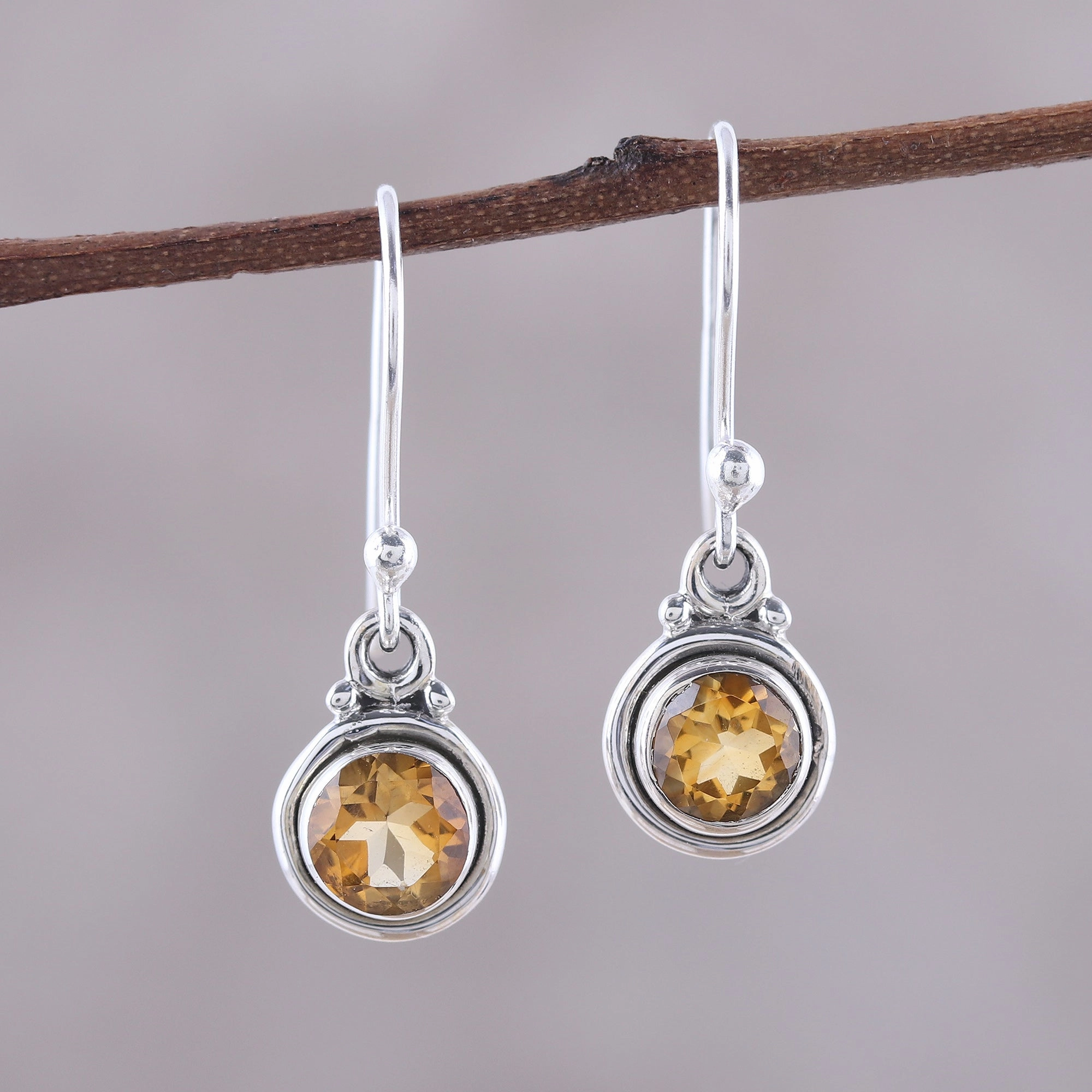 Glistening Circles Faceted Citrine Dangle Earrings from India