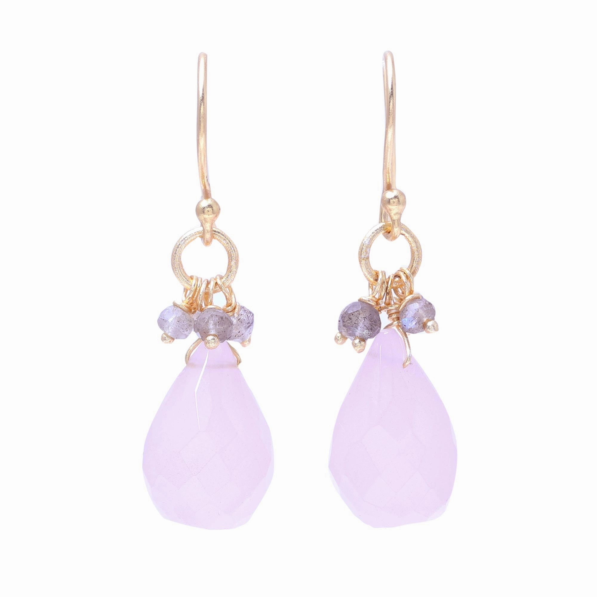 Glittering Pink Drops 22k Gold Plated Rose Quartz and Labradorite Dangle Earrings