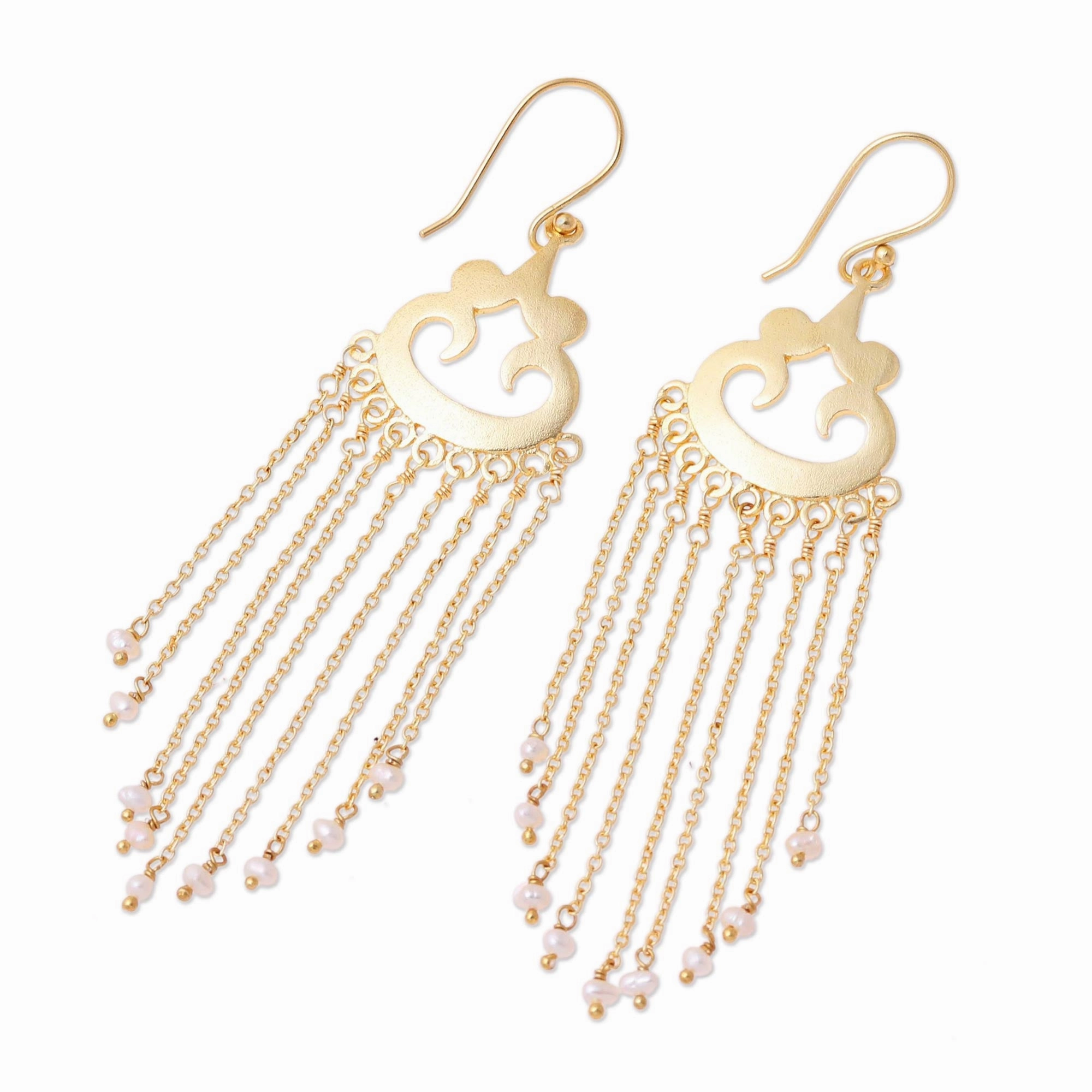 Glowing Rain Gold Plated Cultured Pearl Waterfall Earrings from India