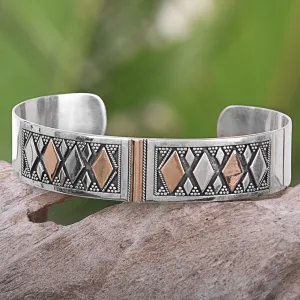 Golden Rhombus Gold Accented Sterling Silver Cuff Bracelet from Indonesia