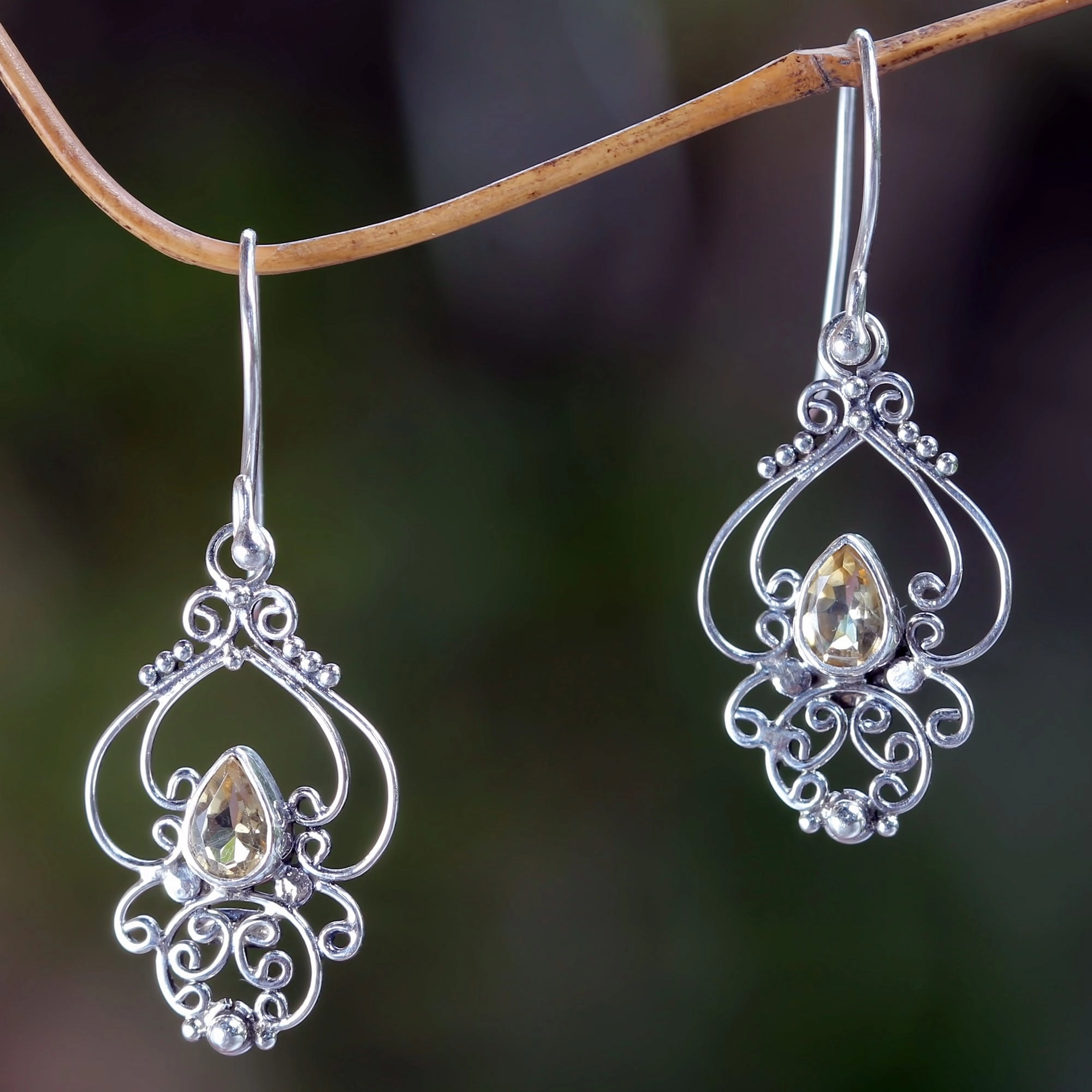 Golden Arabesque Ornate Citrine and Sterling Silver Dangle Earrings