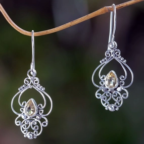 Golden Arabesque Ornate Citrine and Sterling Silver Dangle Earrings