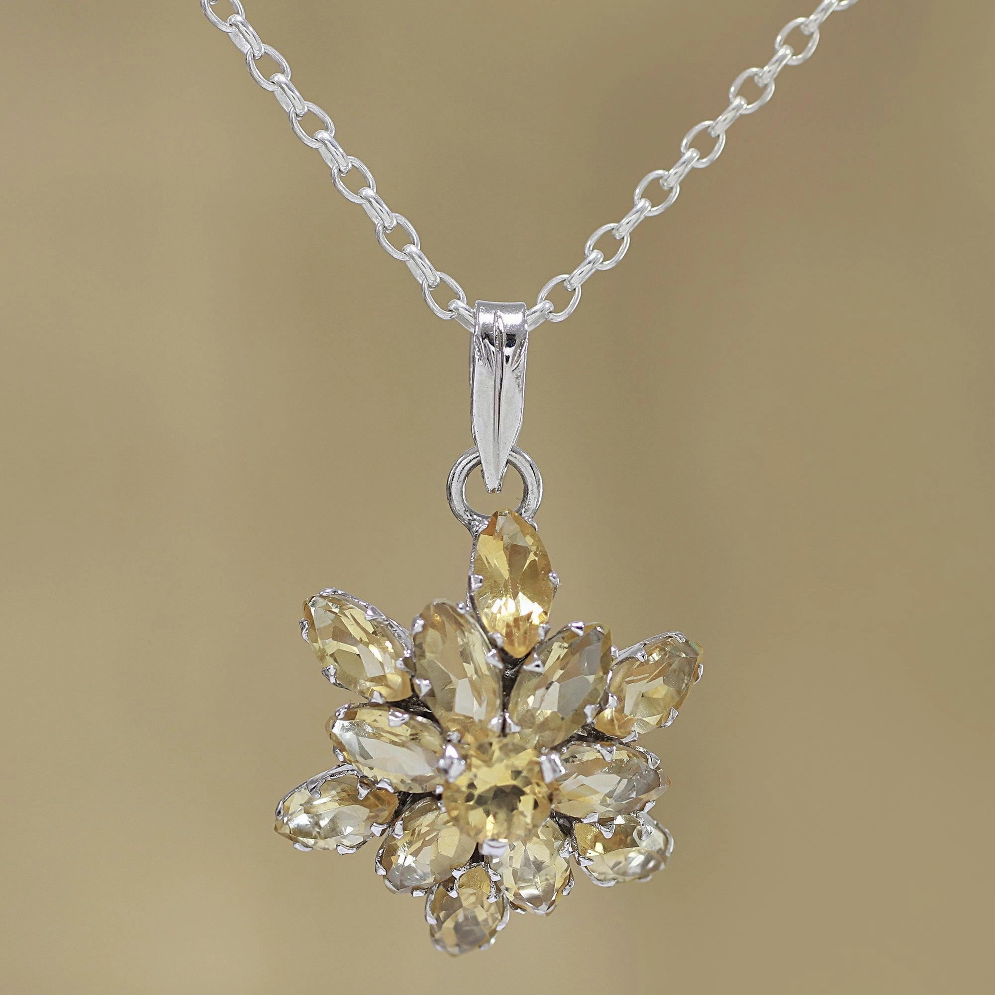Golden Burst Rhodium Plated Citrine Pendant Necklace from India