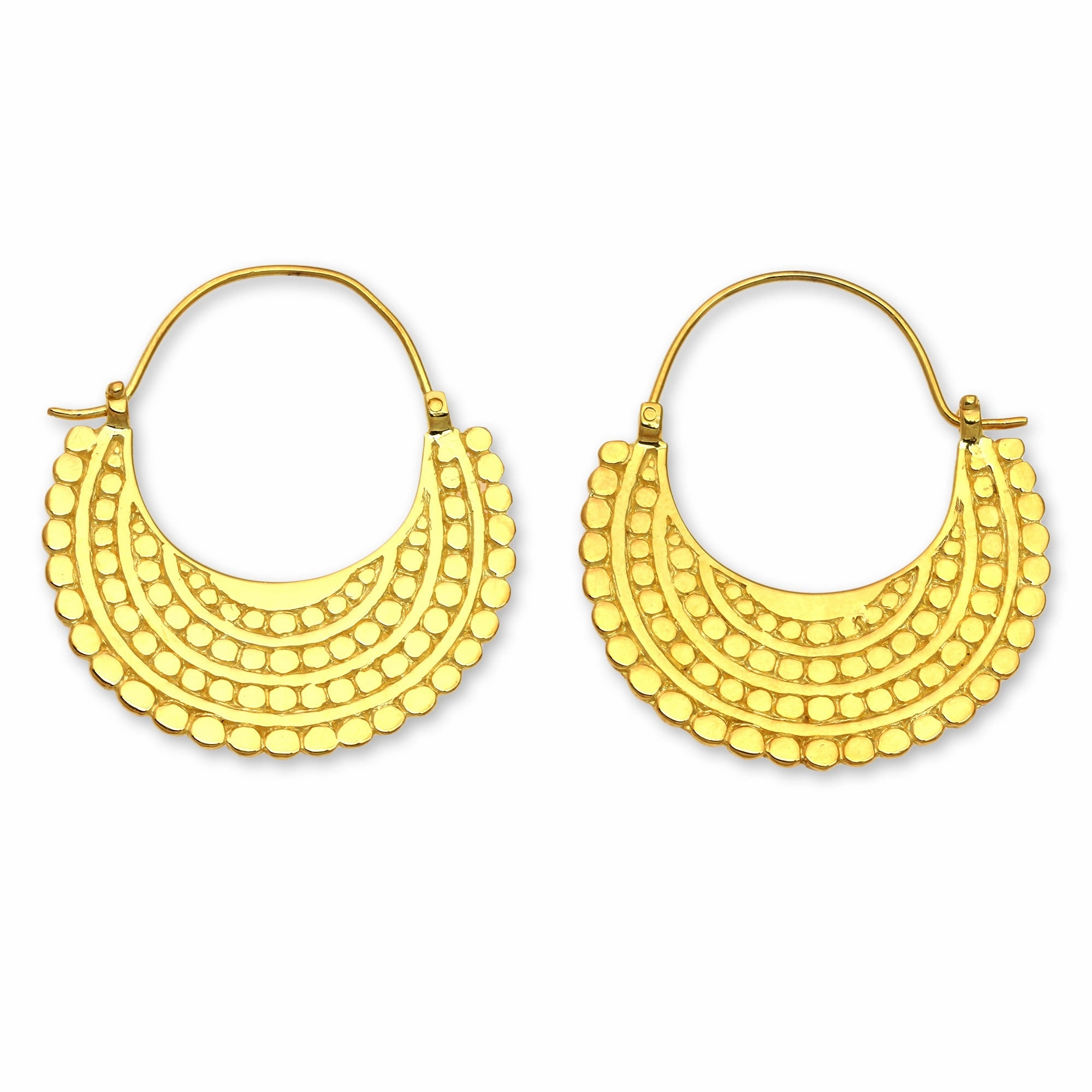 Golden Crescent Artisan Crafted 22k Gold Plated Hoop Style Earrings