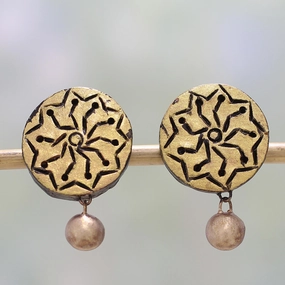 Golden Floral Gold Tone Floral Ceramic Dangle Earrings by Indian Artisans