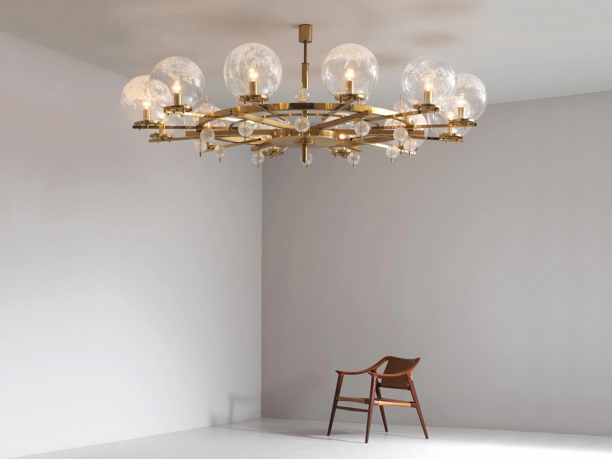 Grand Chandelier in Brass and Art-Glass Spheres 8.5 feet