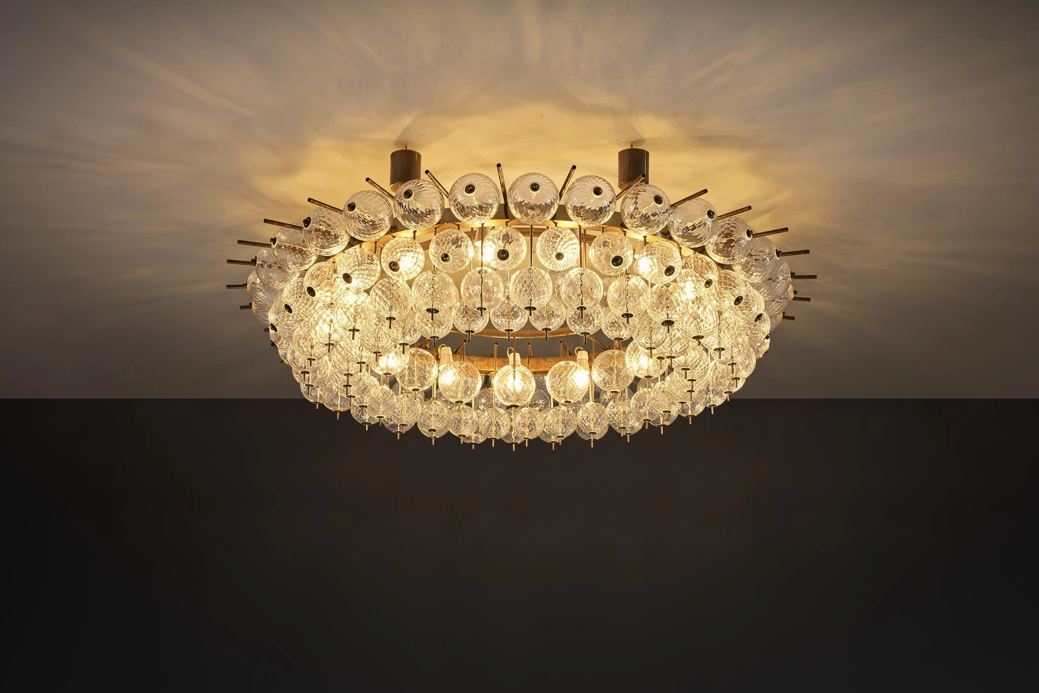 Grand Chandelier in Brass and Ribbed Glass Spheres 153cm/60in