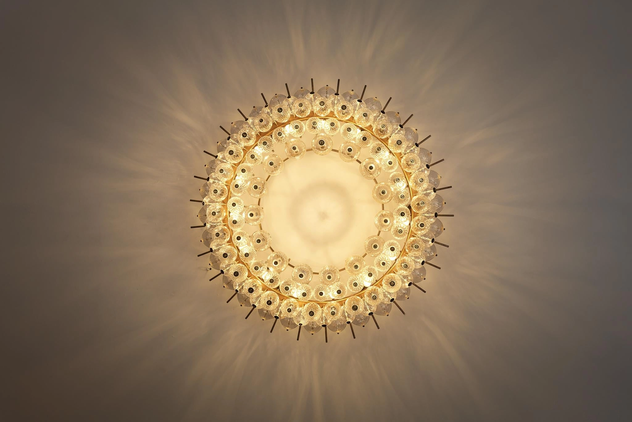 Grand Chandelier in Brass and Ribbed Glass Spheres 153cm/60in